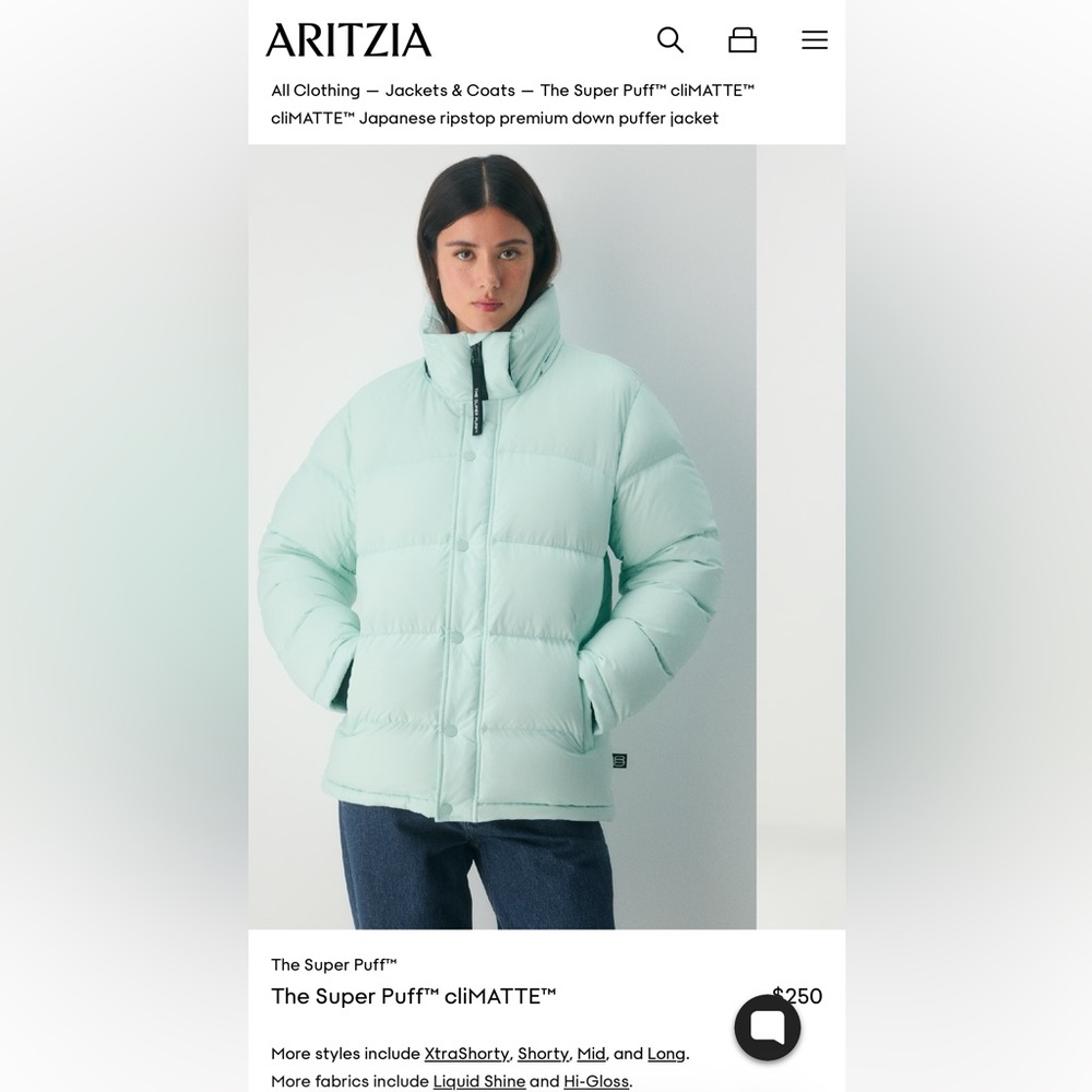 Aritzia super puff celadon blue mid length - Picture 3 of 3